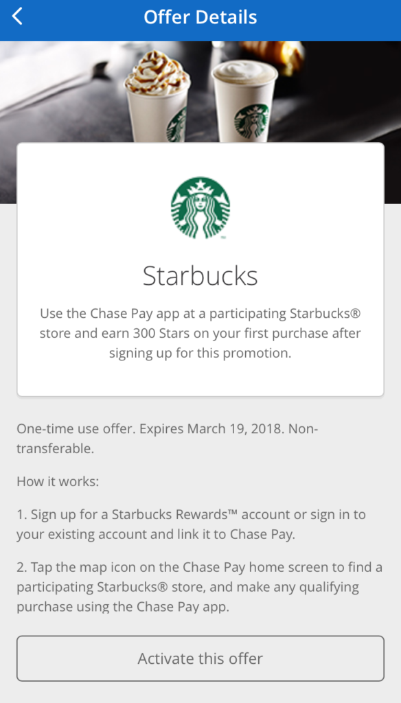 Starbucks Chase Pay Promo