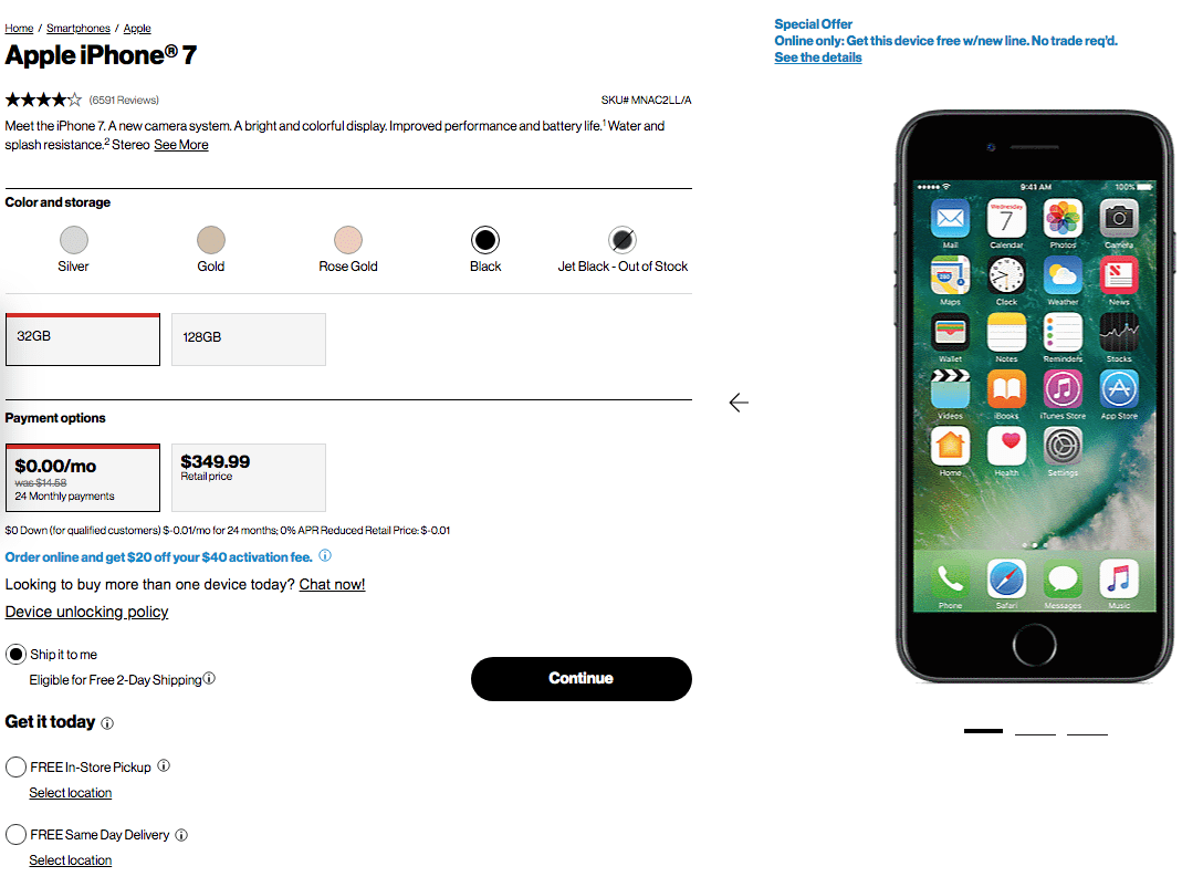 Verizon Wireless Apple iPhone 7 - $0 Per Month with New Line Activation