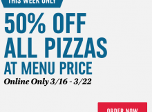 Domino’s Pizza 50% Off Menu Priced Pizzas – Online Order Only