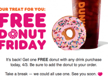 Free Donut Friday’s at Dunkin’ are Back for April