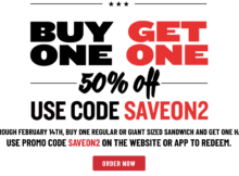 Jimmy John’s Subs – Buy One, Get One 50% Off Through February 14, 2022