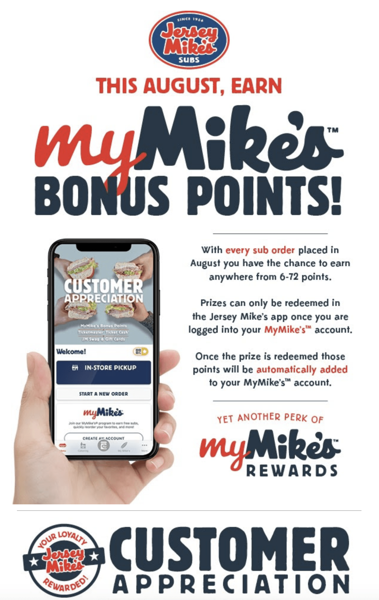 Jersey Mike's Subs - Order a sub in the Jersey Mike's app and earn 72 Shore  Points to redeem for a free regular sub on your next order. Offer valid  1/1/24-2/29/24. Limited